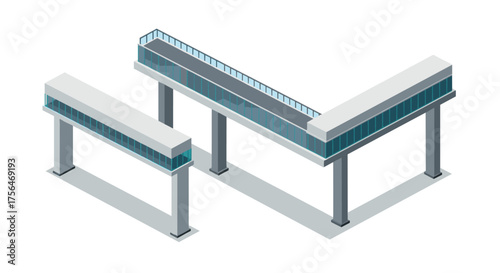 Modern elevated pedestrian bridge in isometric design with glass railings and…