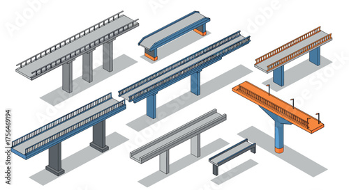 Isometric bridge set: modern architecture elements and construction components