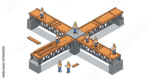 Isometric construction workers on a cross-shaped bridge structure