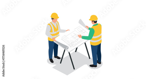 Construction workers reviewing blueprints on site with safety gear in isometr…
