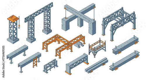 Isometric construction elements set with steel beams and cranes