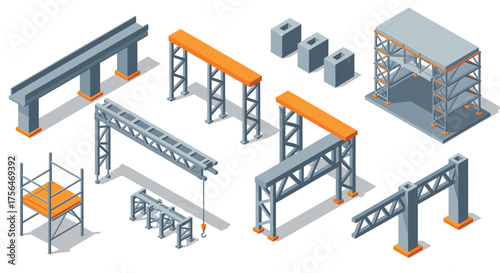 Isometric construction elements set featuring beams and scaffolding in gray a…