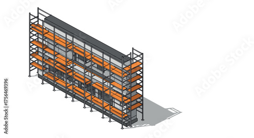 Isometric warehouse shelf structure with metal and orange details on a white…