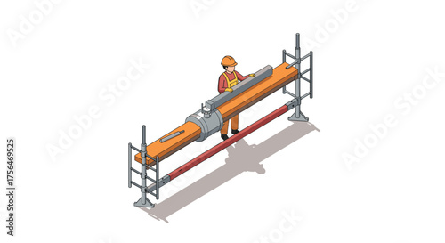 Isometric worker inspecting industrial pipeline on construction site
