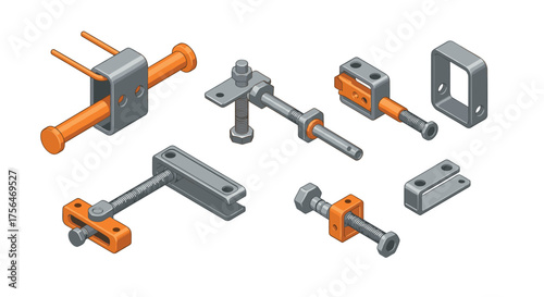 Isometric industrial tool components with screws and bolts for mechanical eng…