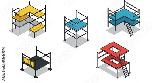 Isometric construction scaffolding set with ladders and platforms in various…
