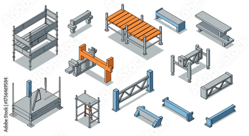 Industrial construction elements set in isometric style with metal and concre…