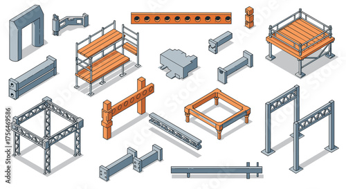 Isometric industrial structures and components on white background