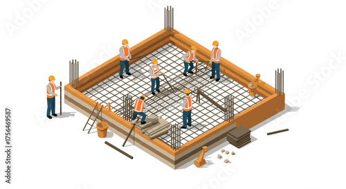 Isometric construction site with workers building foundation framework