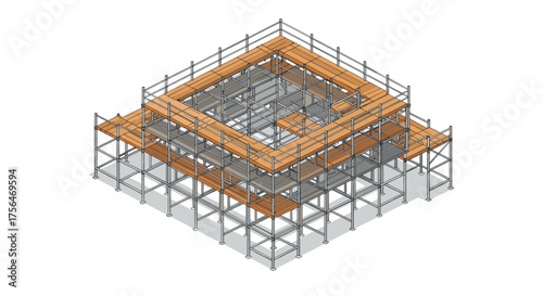 Isometric construction scaffold illustration with steel and wood platforms