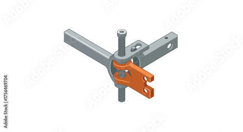 Isometric metal joint with bolts and orange connector on white background