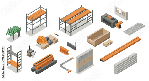 Isometric construction tools and materials set for industrial and building de…