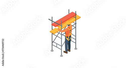Construction worker assembling scaffold in isometric view
