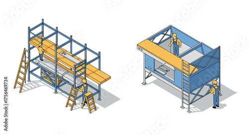 Construction workers on scaffolding in isometric design