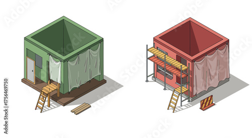Isometric building renovation concept with scaffolding and tarps