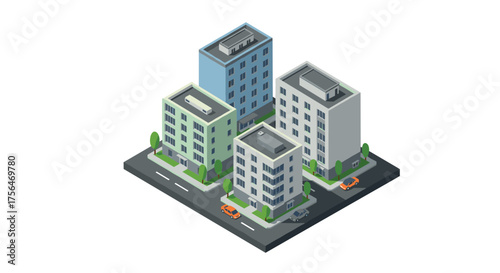 Modern isometric cityscape with high-rise buildings and urban street