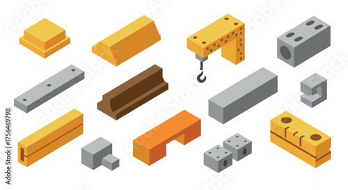 Isometric industrial components collection with varied metal structures and g…