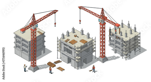 Isometric construction scene with tower cranes and buildings in progress