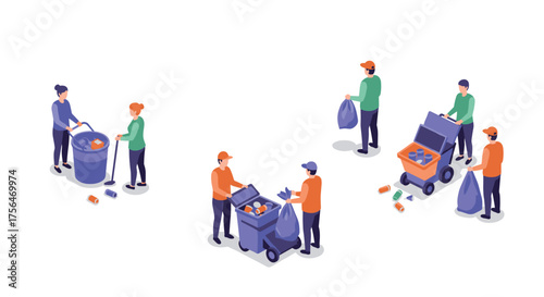 Isometric recycling concept with people sorting waste into bins for environme…