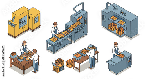 Isometric bakery production process with industrial equipment and workers