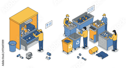 Workers sort recycling materials in isometric waste management facility