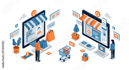 Isometric online shopping concept with customers and digital devices