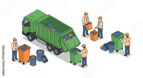 Isometric waste management scene with workers and garbage truck