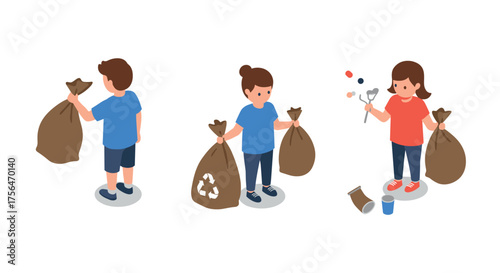 Isometric people collecting trash for recycling and environmental cleanup
