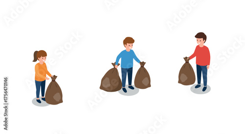 Children collecting trash bags for community cleanup in isometric style