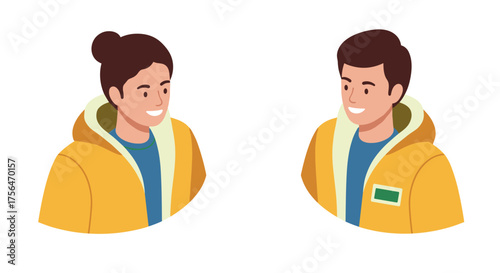 Smiling young couple in warm jackets engaging in friendly conversation isolat…