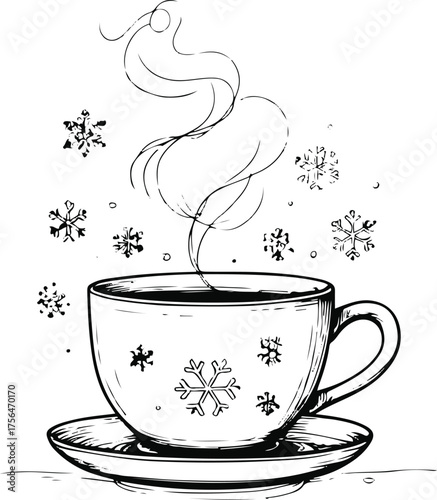 Outline art of a cup with steam, plus little snowflake motifs, white background 1