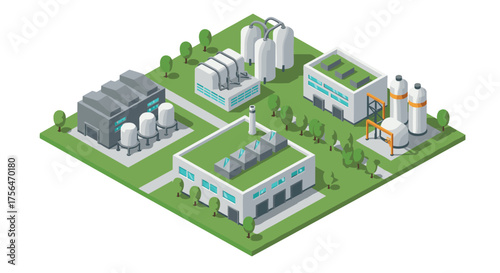 Isometric industrial complex with buildings and green spaces