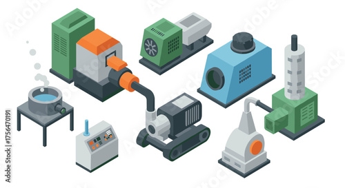 Industrial machinery set isometric design with modern equipment and tools