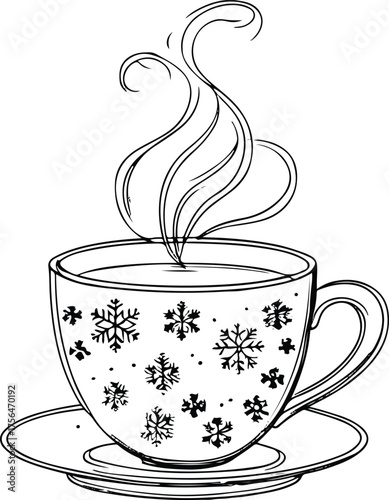 Outline art of a cup with steam, plus little snowflake motifs, white background 2