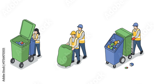 Waste management workers handling recycling bins and trash bags in isometric…
