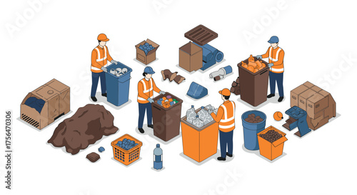 Waste management workers sorting recyclable materials in isometric design