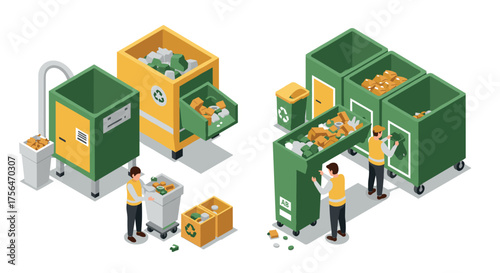 Isometric recycling station with workers sorting waste in bins