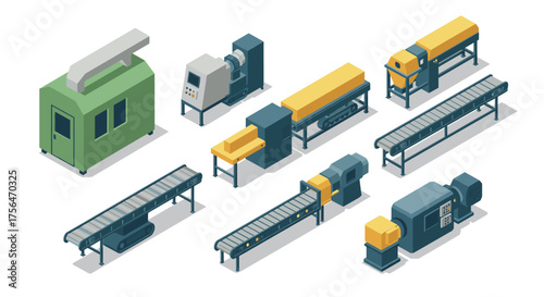 Isometric factory conveyor systems and machinery set for industrial automation