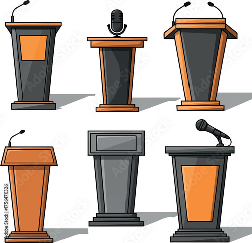 Create kinds of Podium of tribune cartoon vector illustration on white background . Rostrum and podium set icon. Isolated vector illustration icon tribune with microphone