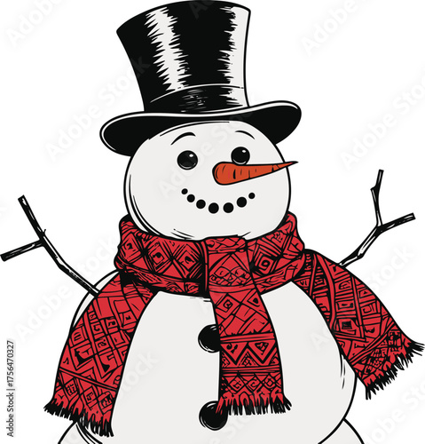 Strong contour line art of a snowman wearing a scarf and hat, minimal detail, white background 3
