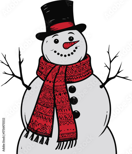 Strong contour line art of a snowman wearing a scarf and hat, minimal detail, white background 2