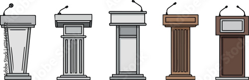 Create kinds of Podium of tribune line vector illustration on white background . Rostrum and podium set icon. Isolated vector illustration icon tribune with microphone.