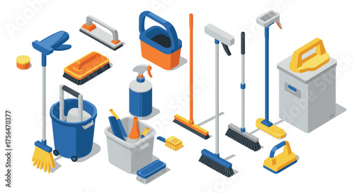 Isometric cleaning tools collection with brushes, buckets, and mops in modern…