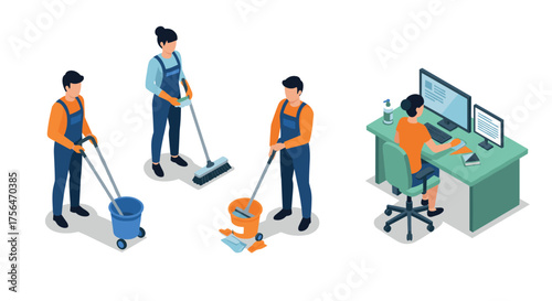 Isometric office cleaning crew and worker at desk: professional maintenance s…