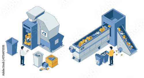 Efficient waste management: isometric recycling process with machines and wor…