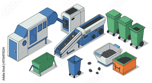 Industrial recycling equipment for efficient waste management in isometric style