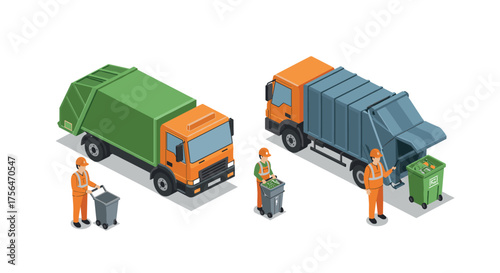 Isometric garbage collection trucks and workers in uniform