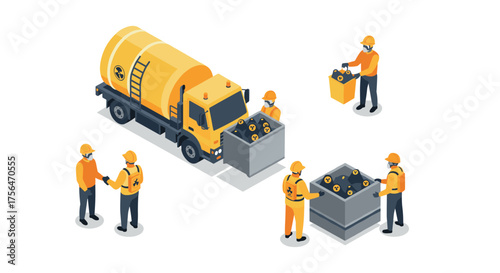 Isometric hazardous waste management: workers handling dangerous materials sa…