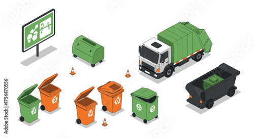 Isometric recycling and waste management scene with bins and truck
