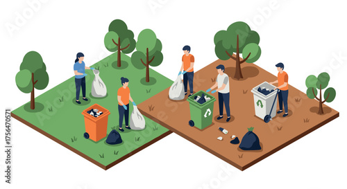 Isometric people sorting trash in park for recycling awareness and environmen…